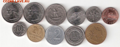 Инострань, 11 разных монет: США, Литва, Польша, Азербайджан - INOSTRAN-11st A 011