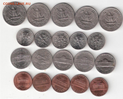 США 20 монет:Квотеры(25ц),Даймы(10ц),Никель(5ц),1Центы 020-3 - США-20 монет А 020-3
