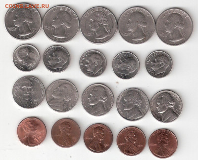 США 20 монет:Квотеры(25ц),Даймы(10ц),Никель(5ц),1Центы 020-3 - США-20 монет Р 020-3