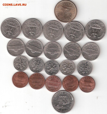 США: 22 монеты разные:Доллары,Квотеры,Даймы,Никель,1 Цент - США-22 монеты  А  22