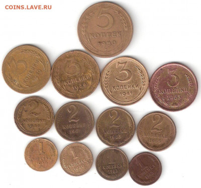 Погодовка СССР: 13 медных монет 5,3,2,1коп 013 ФИКС - СССР медь 13шт-5,3,2,1к Р