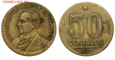 Монеты достоинством "50", выпущенные в странах Америки - Бразилия 50 сентаво 1945