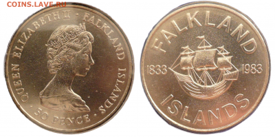 Монеты достоинством "50", выпущенные в странах Америки - Фолклендские острова 50 пенсов