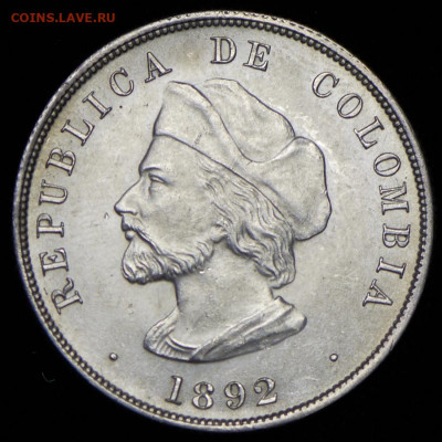 Монеты достоинством "50", выпущенные в странах Америки - 50-sentavo-1892-400-let-otkrytiya-kolumbom-ameriki-kolumbiya_64310-1
