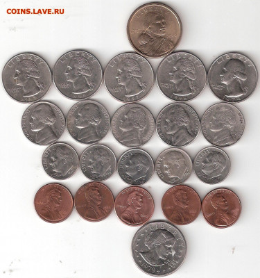 США: 22 монеты разные: Доллары, Даймы 10ц, Никель 5ц, Центы - США-22 монеты  Р 22