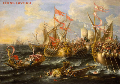 Монеты с Корабликами - Сражение при Акциуме. Лоренцо А. Кастро (1672)
