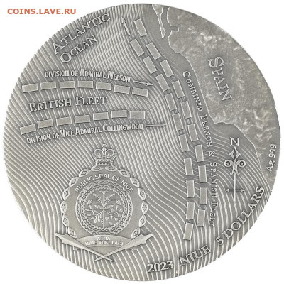 Монеты с Корабликами - Niue-5-Dollars-Battle-of-Trafalgar-2023-Antique-silver-Obverse